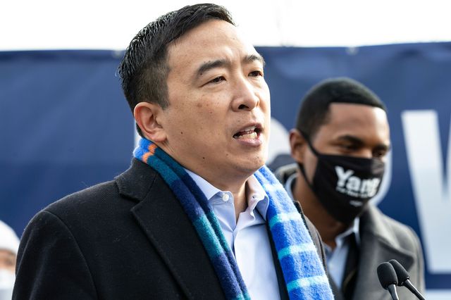 Andrew Yang speaks to media during announcement of his candidacy for Mayor of New York City on Morningside Drive.